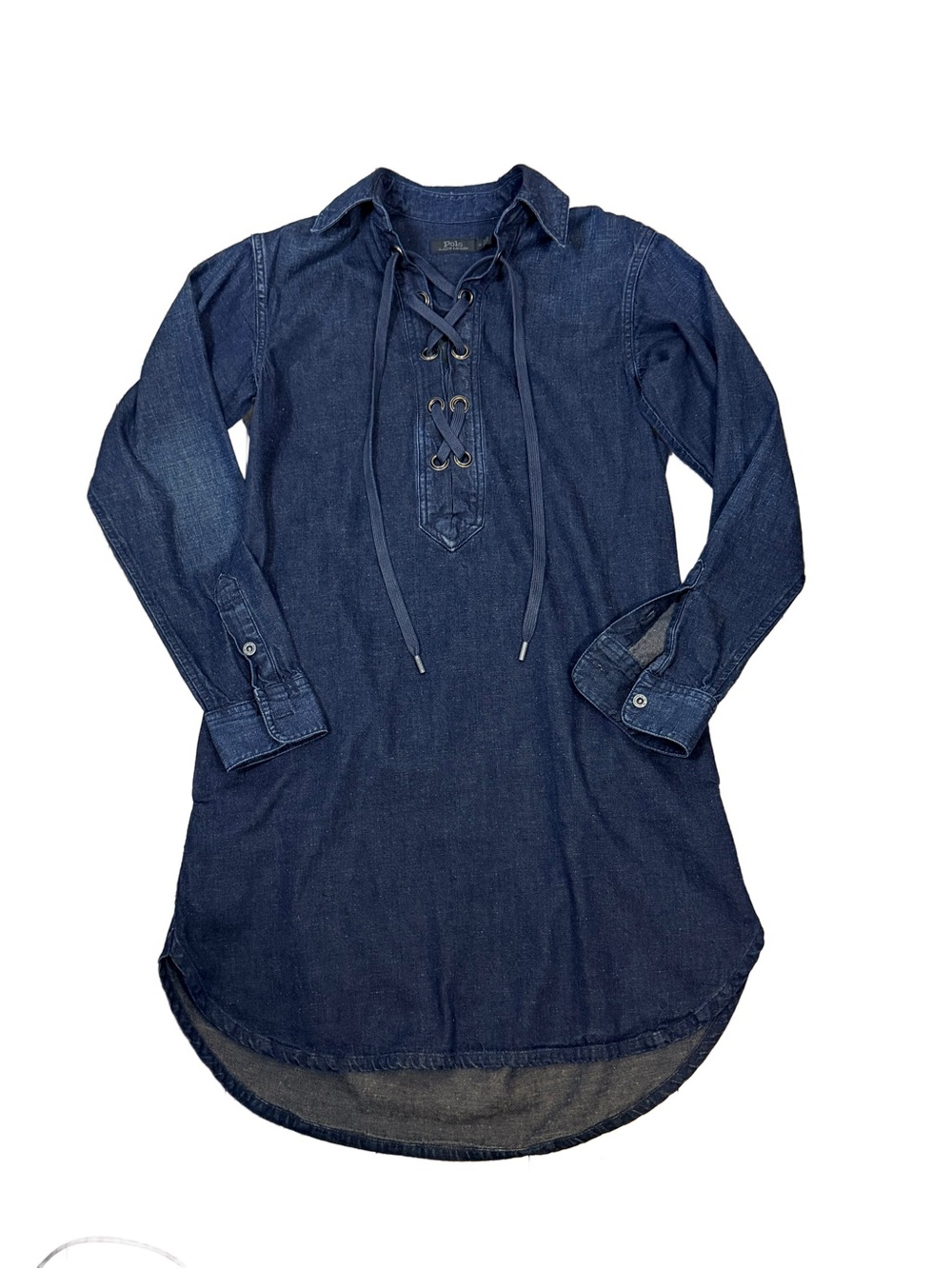 Polo Ralph Lauren Lace-Up Long Sleeve Dark Denim Shift Dress Indigo XS
